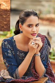 Blue Color Pure Ajrak Print On Pure Muslin Jacquard Silk Long Straight Cut Suit